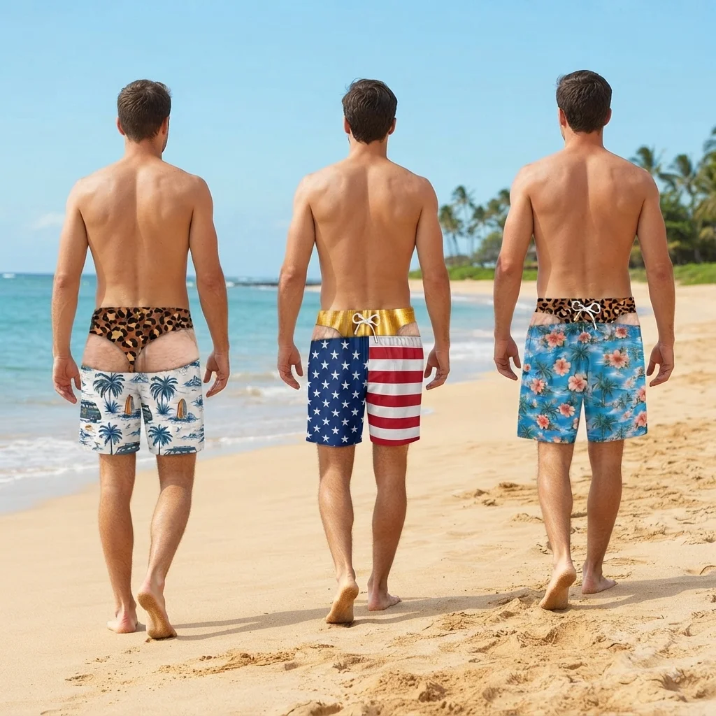 2026 New Optical Illusion Thong Print Fake Buttocks Swim Trunks Men Leopard Personality Funny Beach Party Board Shorts Fun Gift