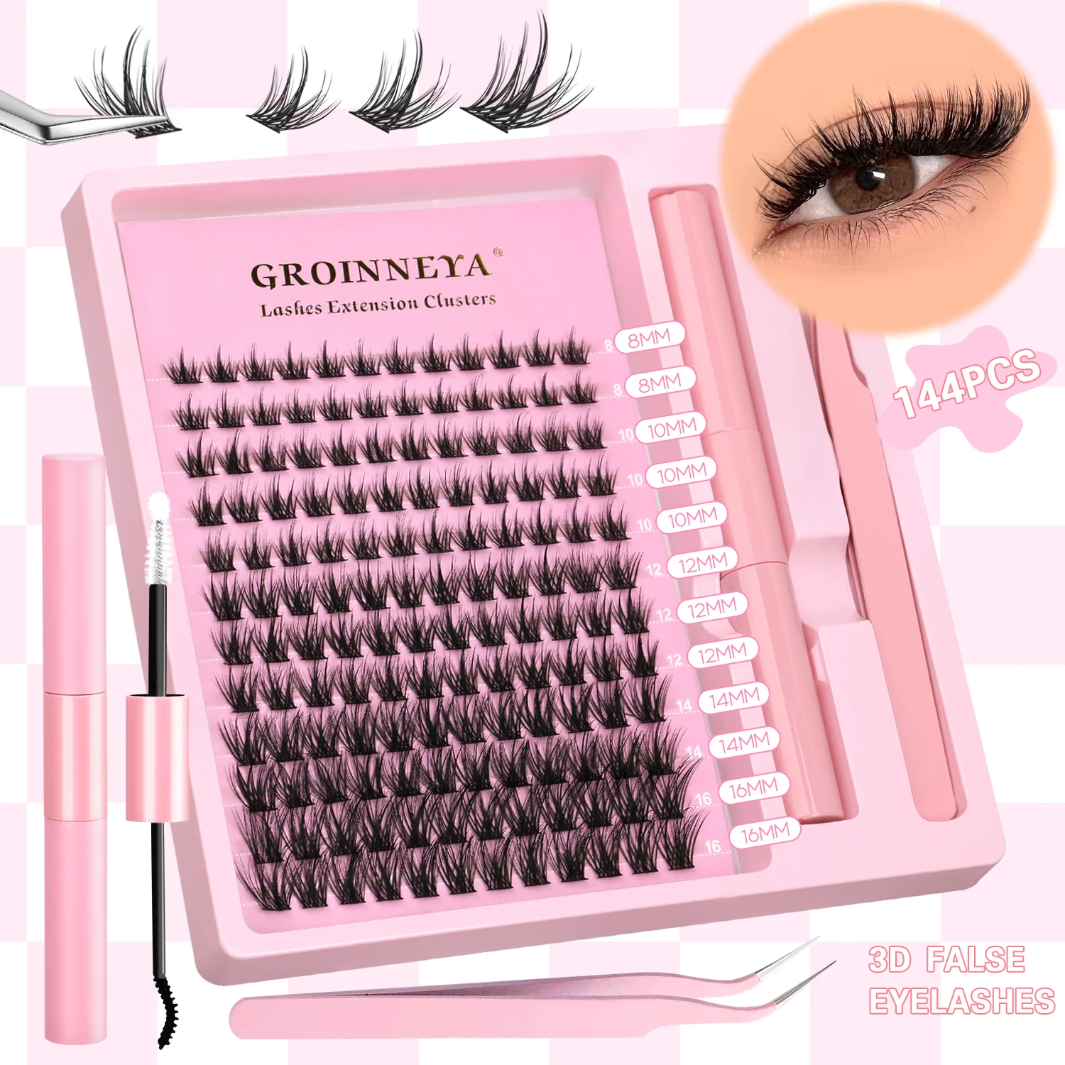 ​GROINNEYA​​ Fluffy DIY Cluster Lashes Kit Individual Eyelashes Lasting Eyelash Extension Lash Bond And Seal​​ Tools Easy Makeup