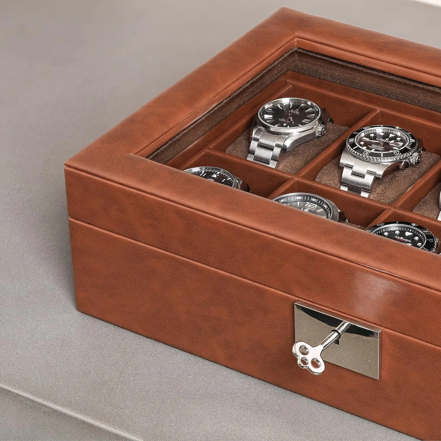 10 Slot Leather Watch Box - Luxury Case Display Jewelry Organizer - Locking Watch Display Case Holder with Large Glass