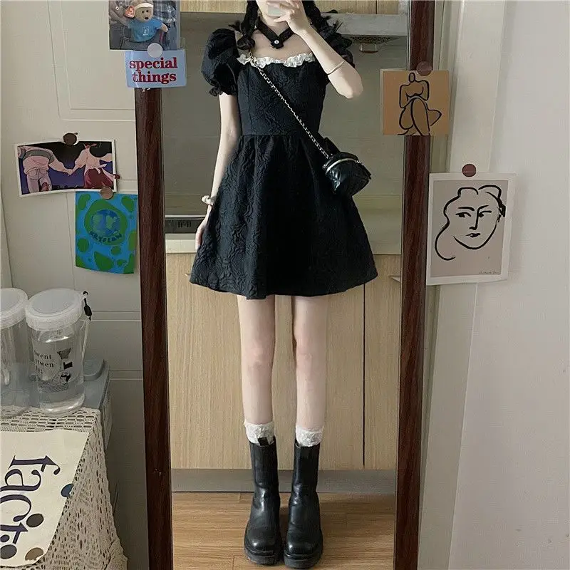 Elegante vierkante kraag mini-jurk dames Franse stijl a-lijn rok retro temperament pluizige korte rok rugloze strikjurken