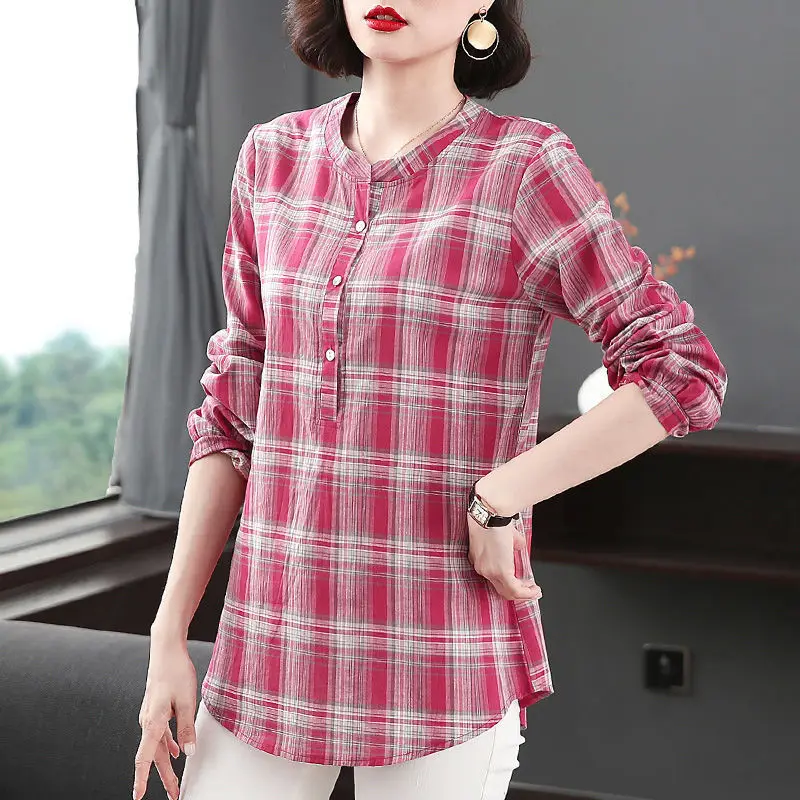 2023 Casual Plaid Printed Round Neck Midi Shirt Spring Autumn Button Female Clothing Long Sleeve All-match Loose Commute Blouse