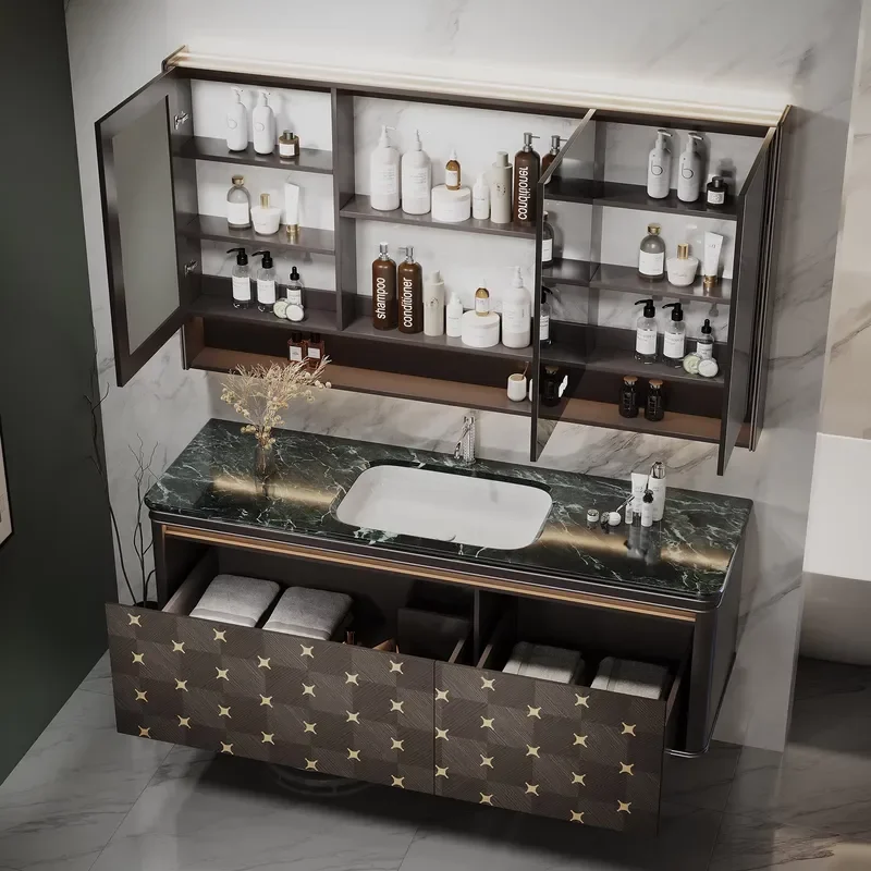 Italian Solid Wood Floating Bathroom Vanity Cabinet with Sink Sintered Stone Top Smart LED Mirror Double Vanity Set