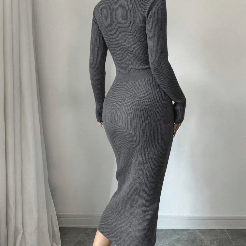 Womens Knit Dress Autumn Winter Slim Fit Long Sleeve V Neck Bodycon Fashion Elegant Casual Base Layer Party Dresses