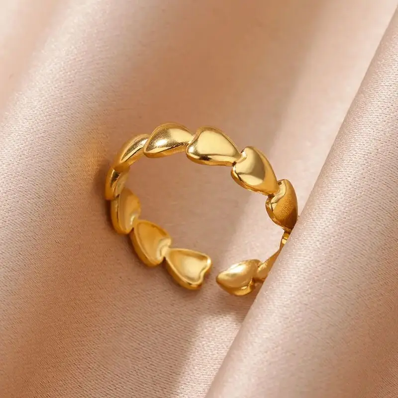 Stainless Steel Heart Open Rings For Women Gold Color Heart Design Adjustable Ring Wedding 2024 New Fashion Party Jewerly Gift