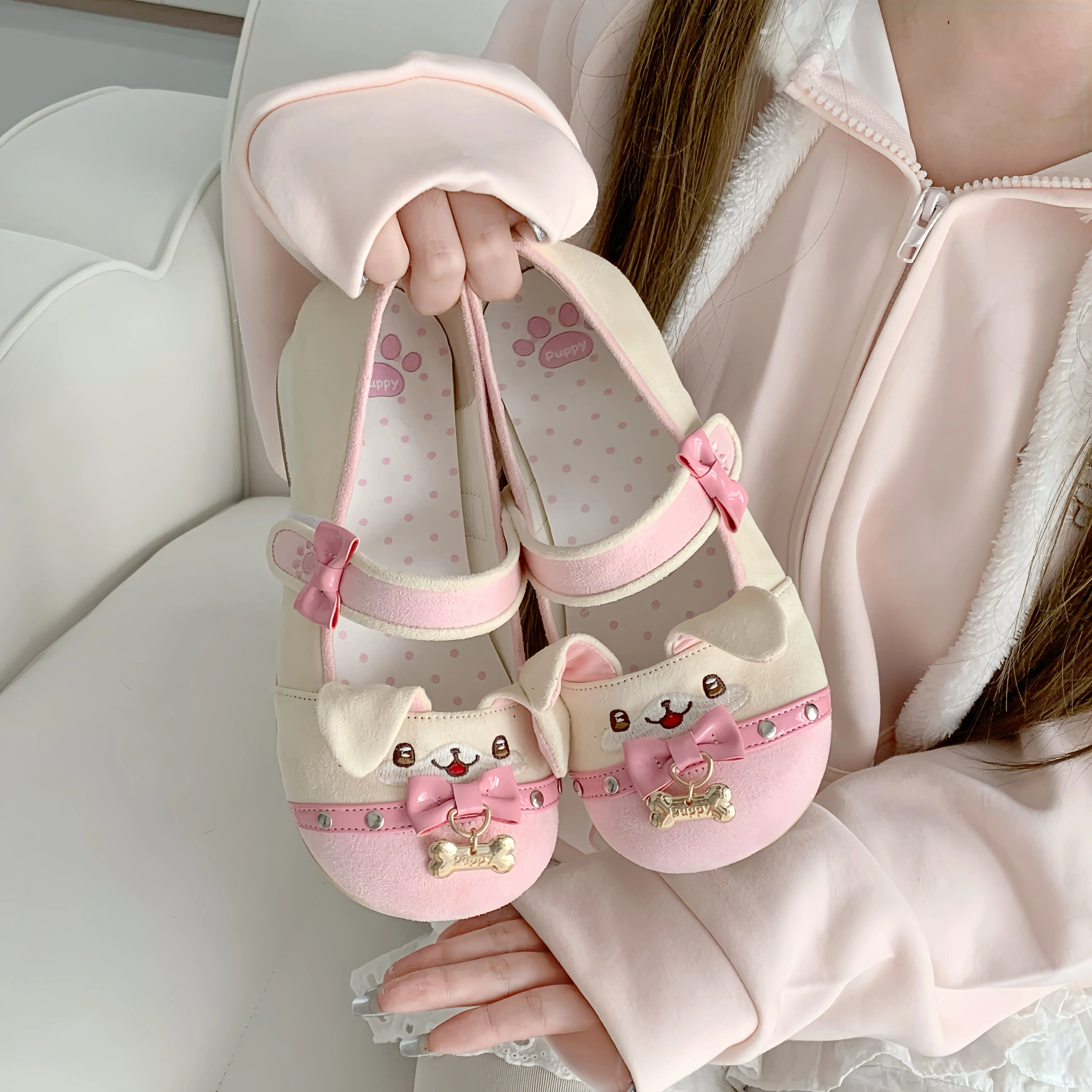 Japanese Suede Embroidery Sweet and Cute Lolita Cartoon Mouse Ear Low Heel Single Shoes Soft Girl Round Head Mary Jane Shoes