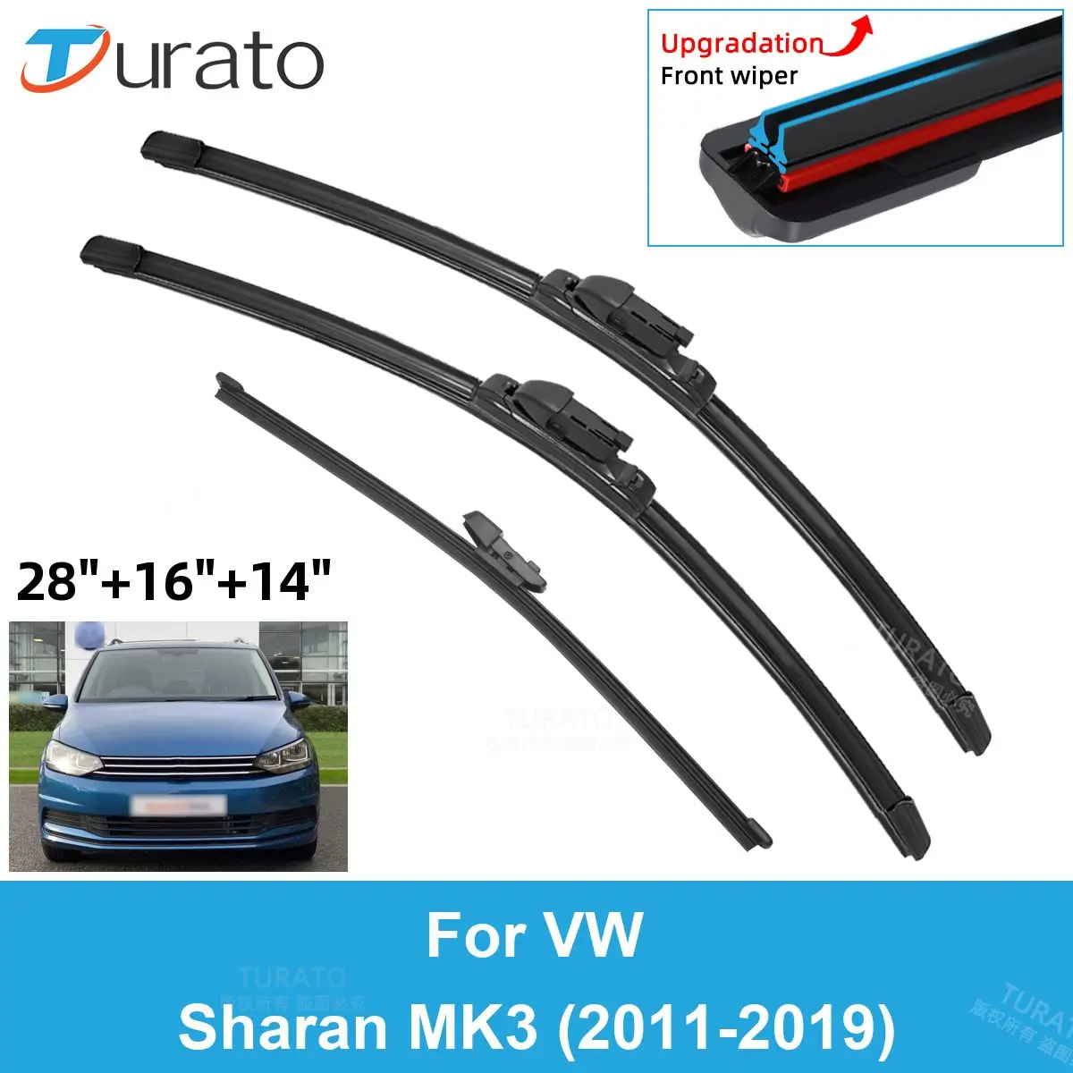 

3PCS Car Wiper Blades for 2011-2019 VW Sharan MK3 Rear Windshield Wipers Double Rubber Car Accessories 2015 2016 2017 2018 2019