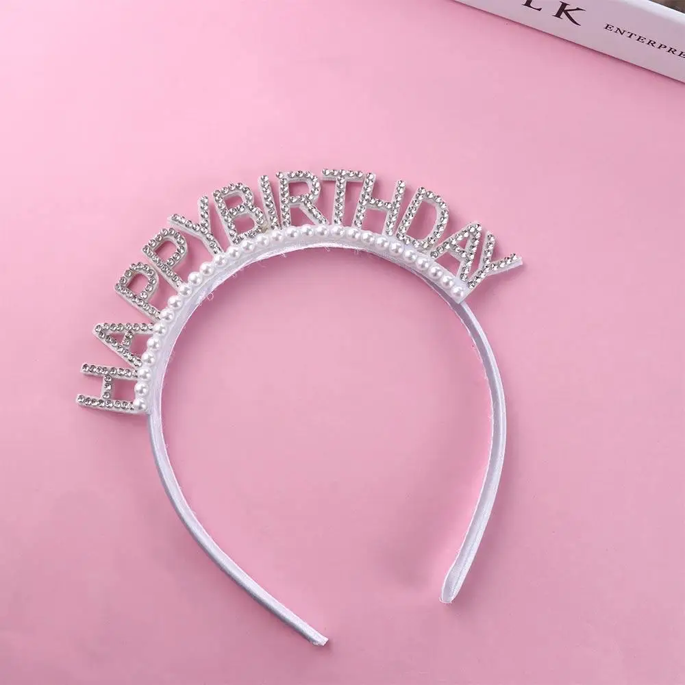 Requintado pérola decoração de aniversário carta liga feliz aniversário bandana strass coroa feminino jóias aniversário argola de cabelo