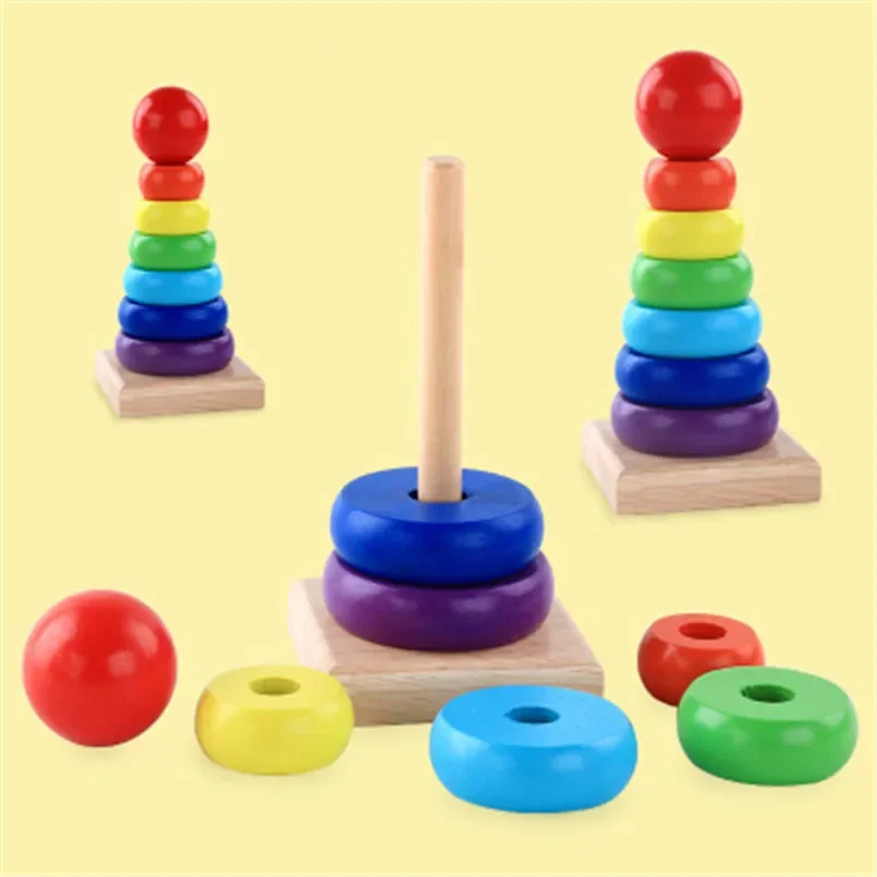 Regenboog Stapelaar Houten Ring Educatief Speelgoed Kids Toren Stapel Blokken Kleur Vorm Spel Baby Montessori Speelgoed Voor Kinderen Geschenken