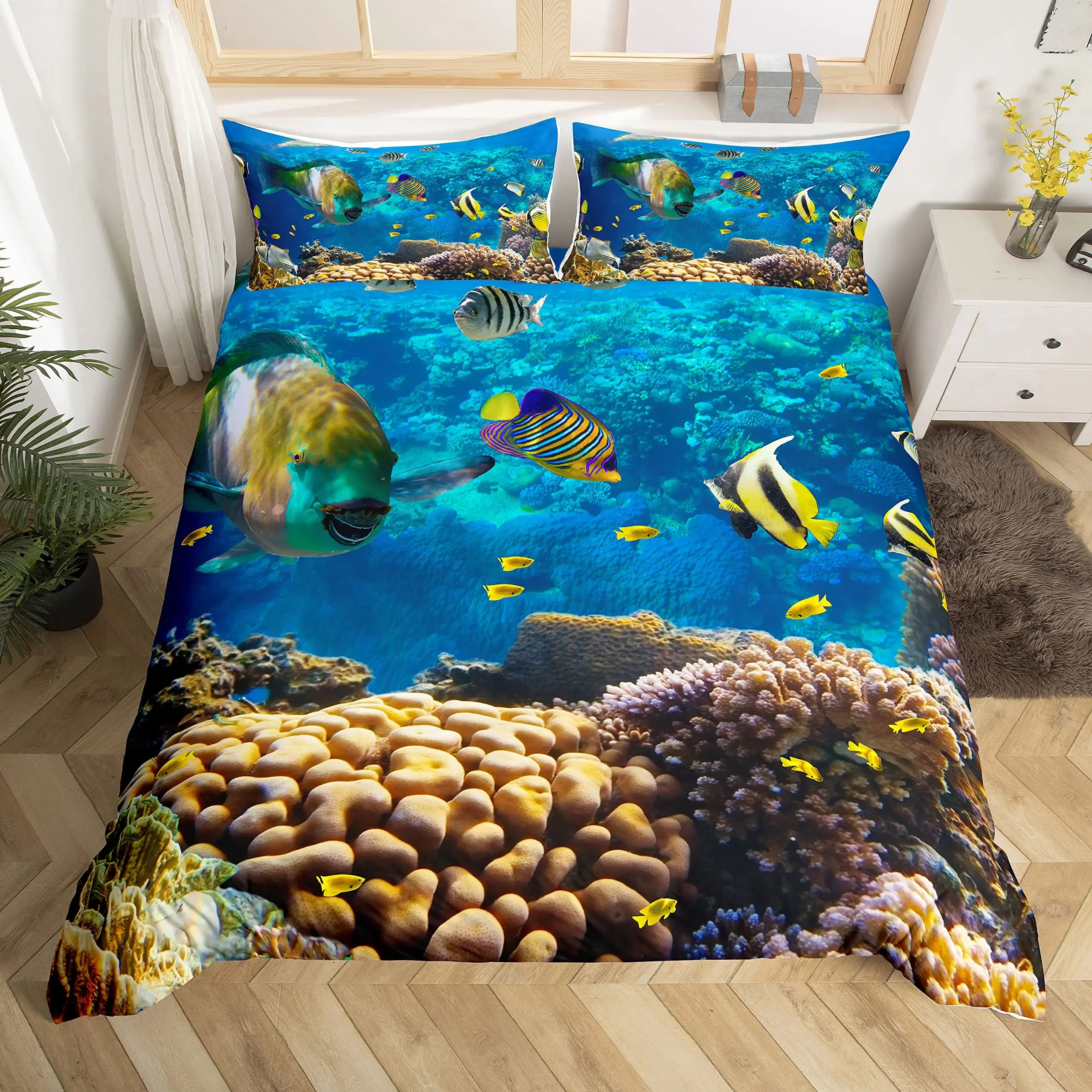 Fish Duvet Cover Set Ocean Bedding Sets 3D Printed Underwater World with Shark Dolphin Coral Reef Pattern Quilt Cover Set 2/3pcs