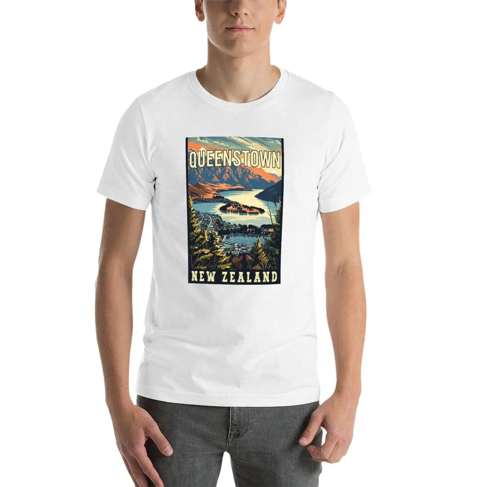 اكتشف مغامرة في Queenstown في نيوزيلندا - تي شيرت فني عتيق للسفر تي شيرت مع مطبوعات تي شيرت مضحك تي شيرت رجالي