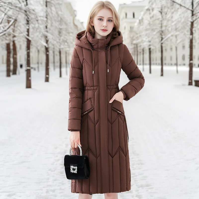 Slim Fit Women's Winter Quilted Jacket Geometric Print Spliced Zipper Fly Hooded Coat For Female Long Windproof Lady's Jacket