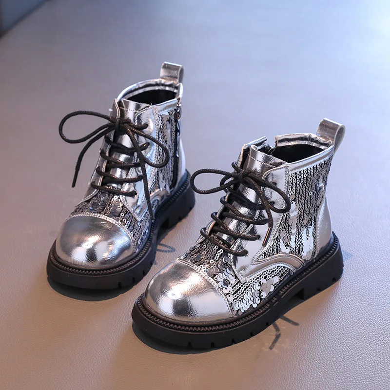 Autumn Children High-top Boots Girls Bling Sequin Design Leather Boots Princess Silver Fashion Boots