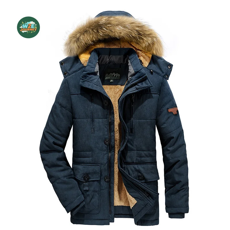 

W2EJOURNEY EU US Size Luxury Quality Men Coat Jacket Winter Mid-Length Fleece-Lined Fur Collar Padded Coat For Men