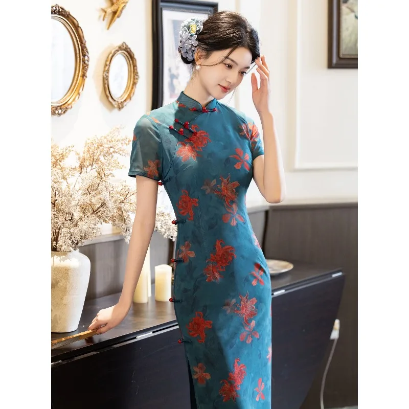 Peacock blue short-sleeved elastic mesh cheongsam, young and beautiful daily women's clothing in summer