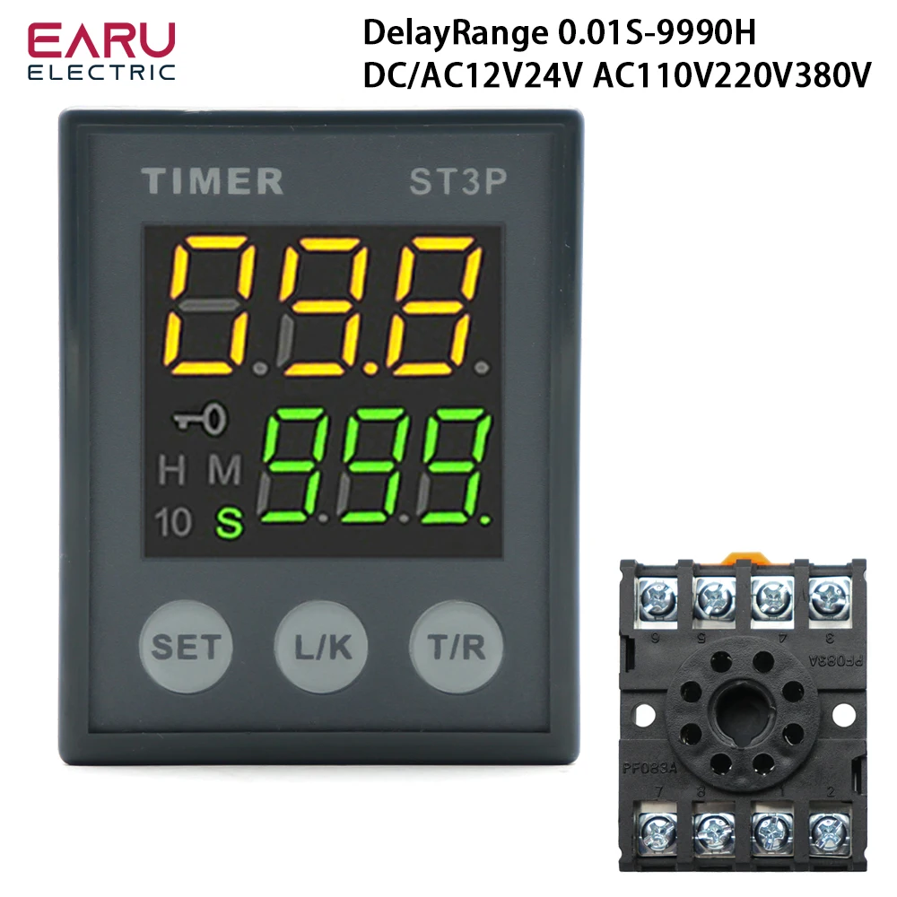 ST3P Series LCD Time Relay DC/AC12V 24V AC110V 220V 380V Precision Programmable Timer Delay Relay 0.01S-9990h With Socket Base