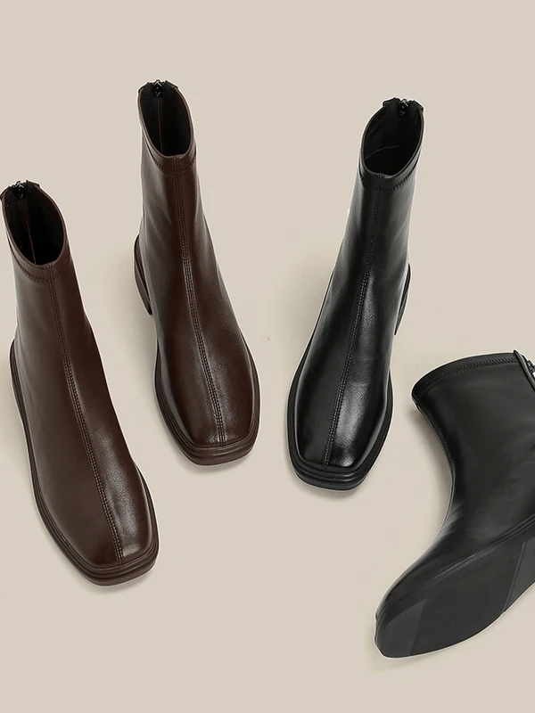 

Soft Cowhide ort Boots Women's Simple Versatile Autumn Winter New Sle Square Head Genuine Leather Thi Heel Slim Boots