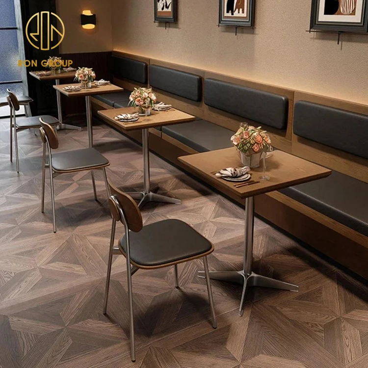 

Винтажный квадратный комплект мебели из массива дерева и кожи: длинная скамья-кабинка, стол и стулья для коммерческого использования в кафе, чайных, ресторанах.