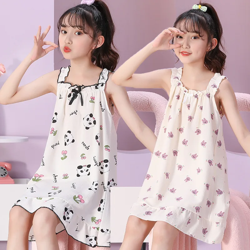 2024 New Sanrio Kuromi Pyjamas Slip Dress Girls Summer Bubble Cotton Dress Girls Cinnamoroll Cute Cartoon Home Dress Nightdress