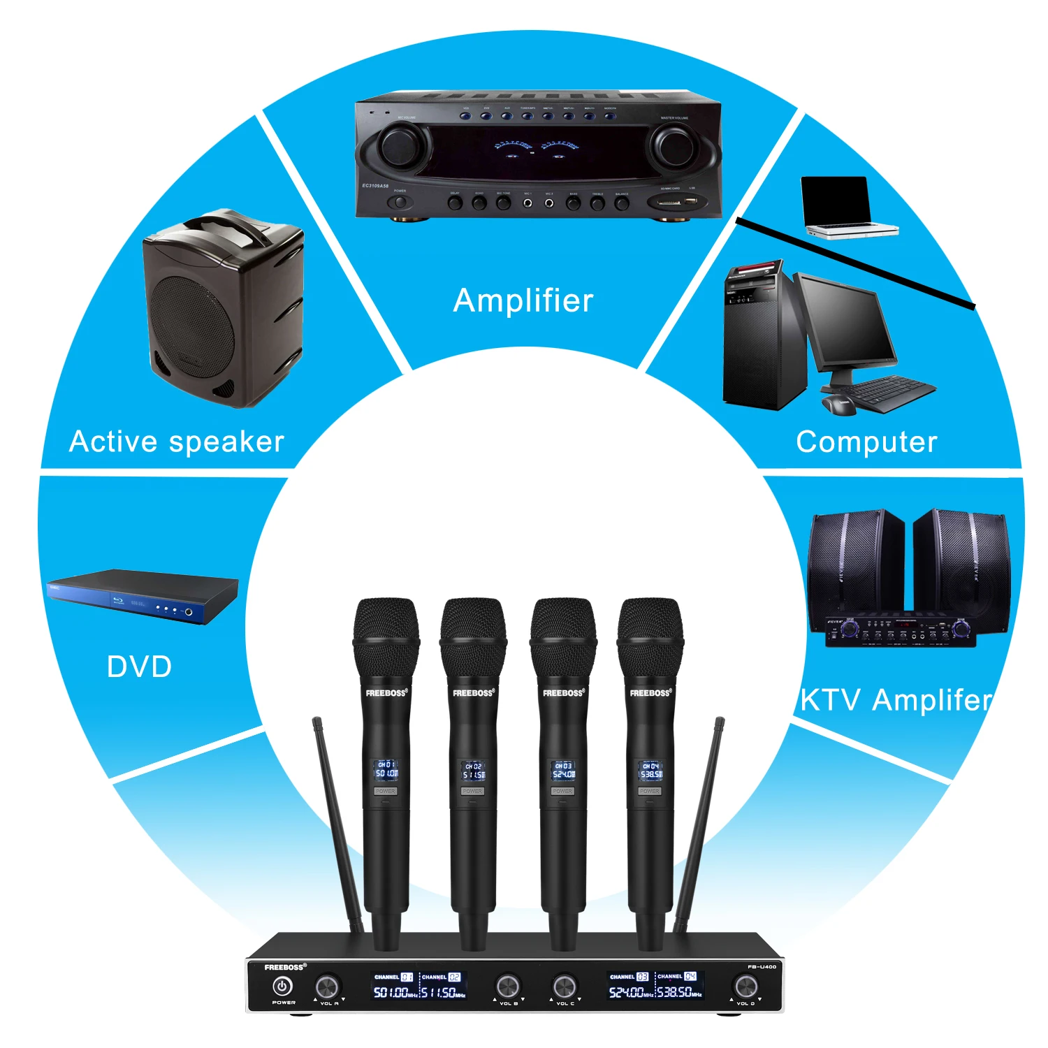 Freeboss FB-U400 Uhf Vaste Frequentie Karaoke Draadloze Microfoon Professionele 4 Draadloze Handheld Microfoon 4 Kanaals Draadloze
