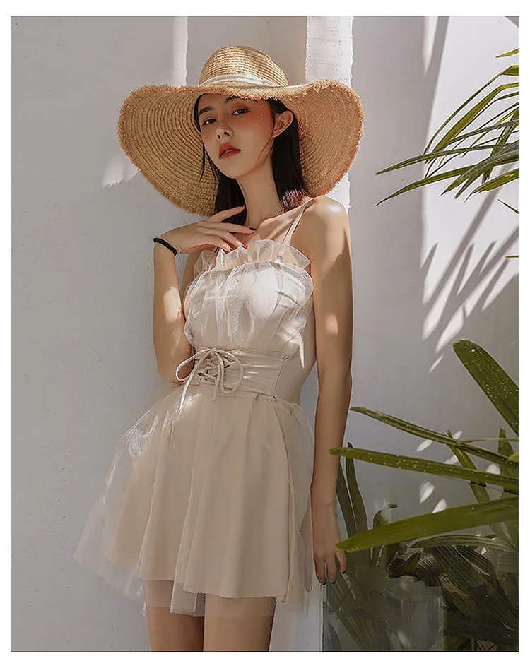 

Apricot color korean style Female chiffon dress, hot spring cover, slimming student, conservative fairy style swimsuit