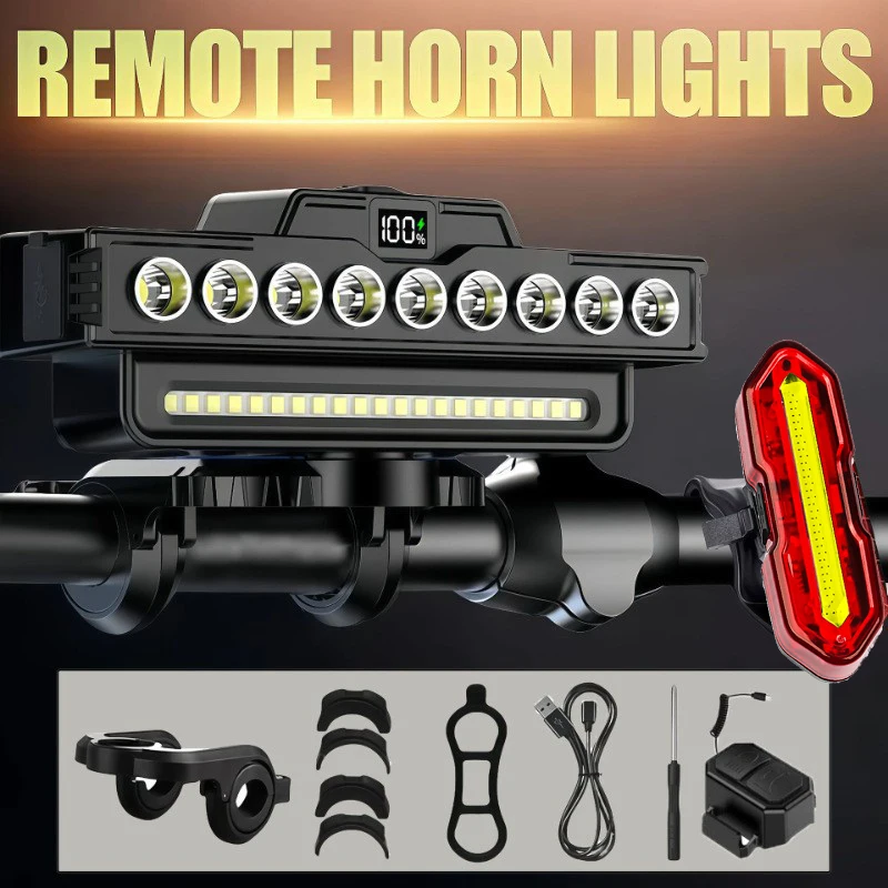 

Bicycle Headlight with Remote 9 Beads USB Charging Cycling Horn Light MTB Road Bike Front Light LED Waterproof Flashing Lamp