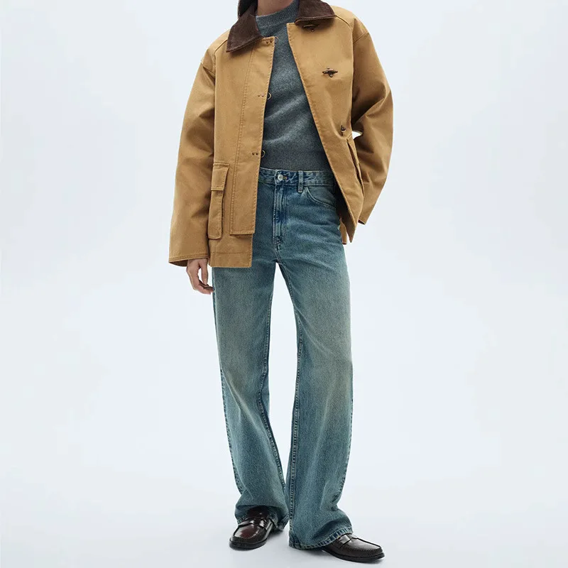 

Retro Lapel Women's Khaki Loose Outerwear Jaet Long Sve Button Closure Mid-Length Single Piece Autumn Faion Ladies' Coat