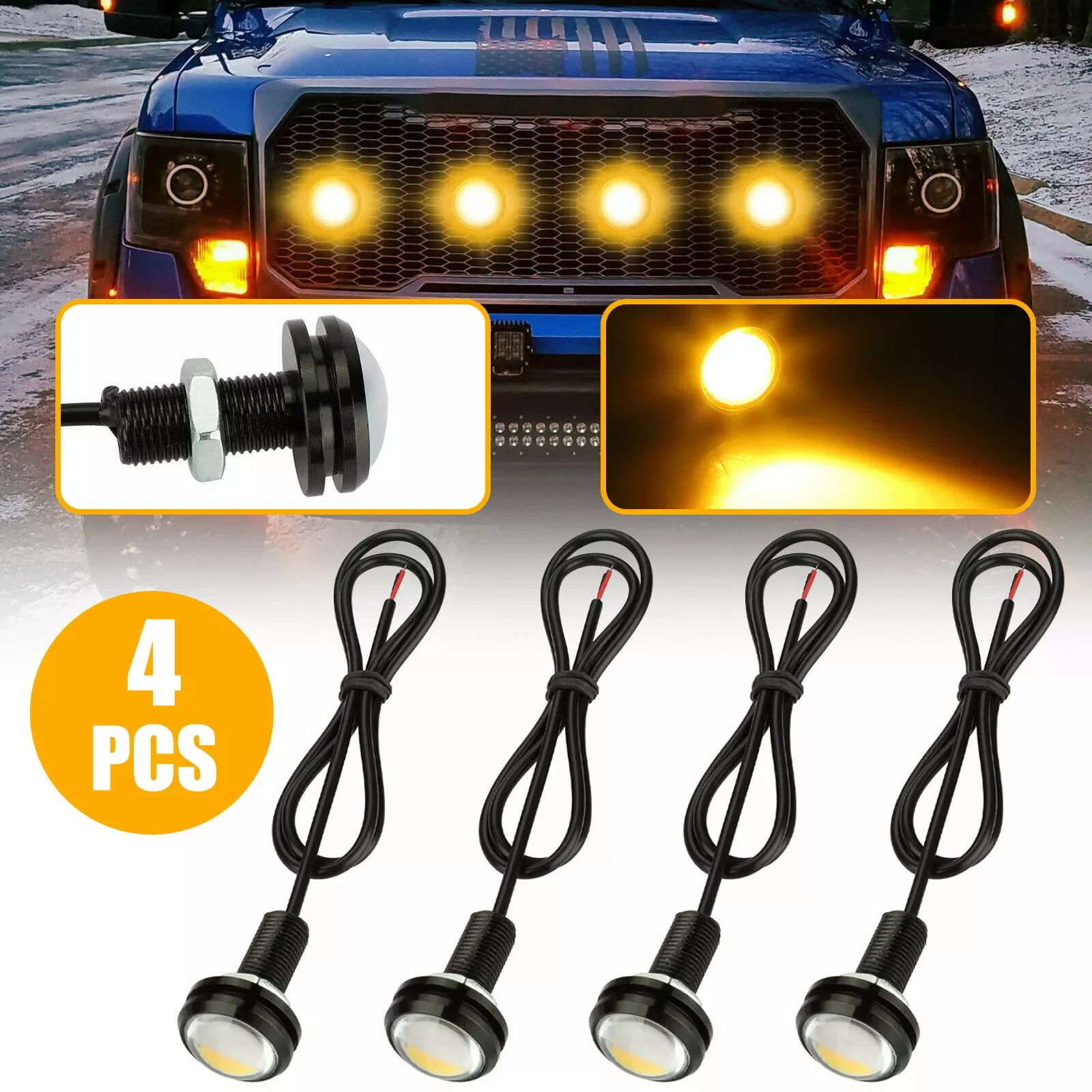 4pcs Car Front Grille Bumper Grill Hood Amber LED Light For Ford SUV Raptor Style Universal Car Exterior Decorative Lights