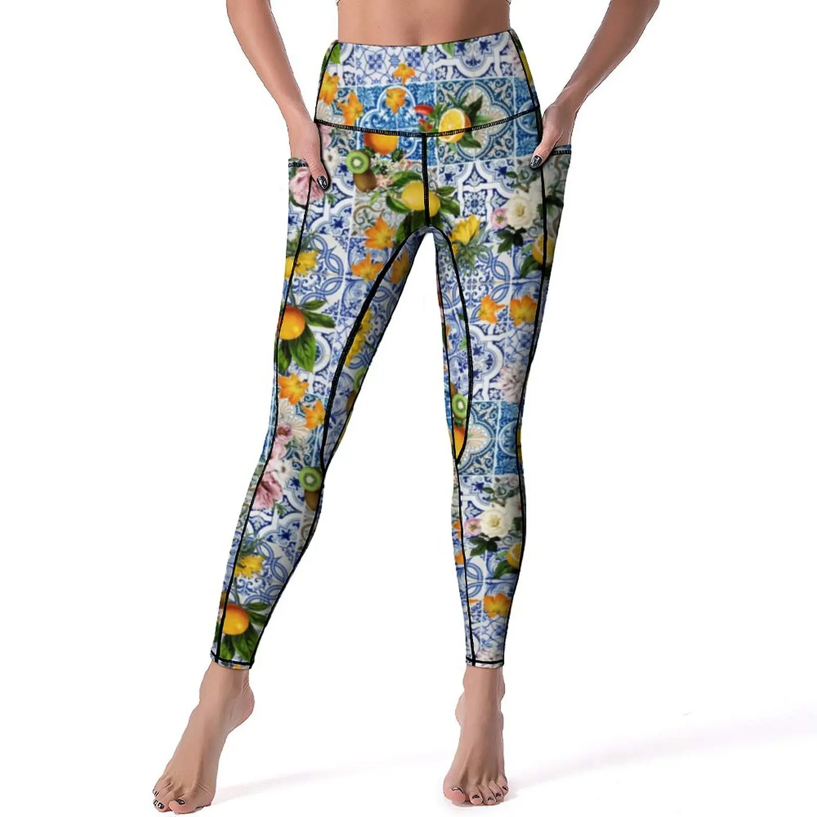 

Yellow Lemon Leggings Sexy Tiles With Flowers Workout Gym Yoga Pants Push Up Stretch Sports Tights Women Retro Custom Leggins