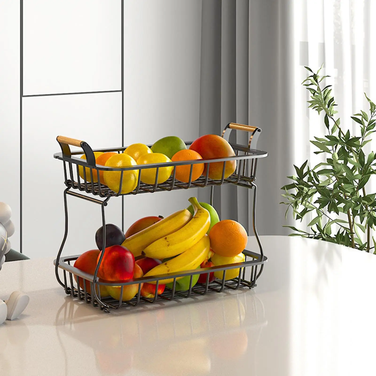 Carbon Steel Fruit Basket Stand 2 Tier Kitchen Fruit Bowl with Banana Hanger Detachable Fruit Storage Rack for Countertop