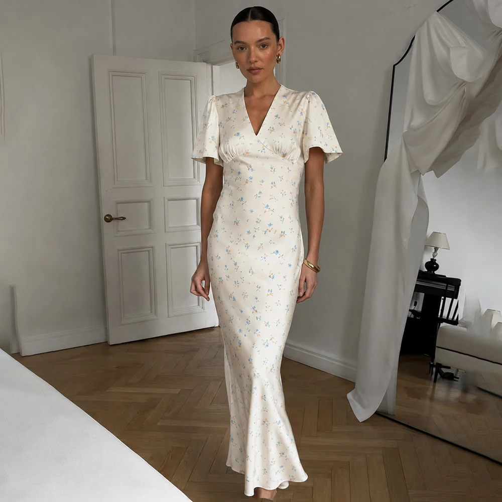 Ticketsx Elegantes Damenkleid mit Print, Sommermode, gerüscht, Patchwork, Schnürung, schmales langes Kleid, Vintage-Stil, Party, Urlaub, Damenkleid