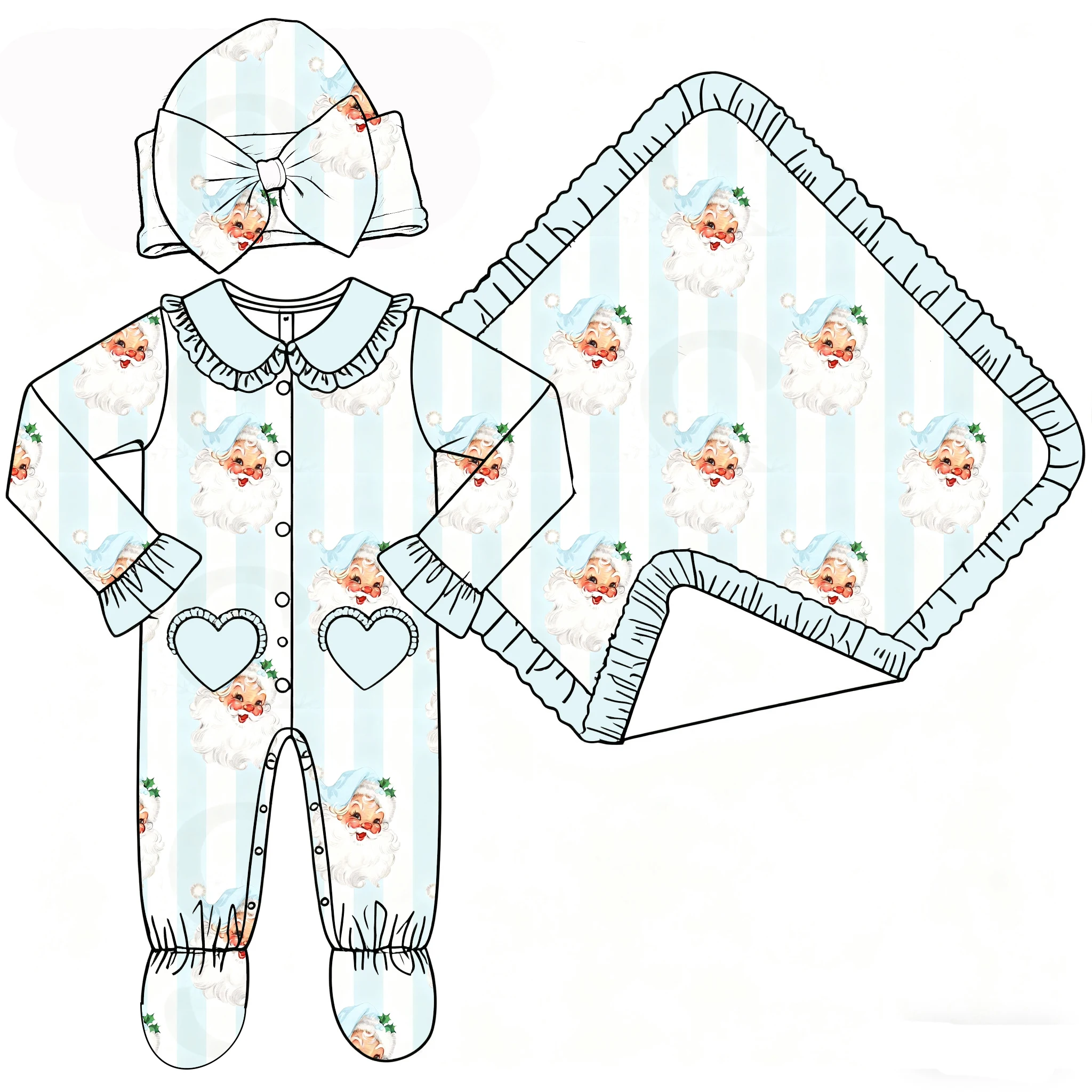 Boutique Girls' Blanket and Romper Hat Lapel Ruffle Buttons Love Pocket Binding Feet Love and Flowers Print Custom Patterns