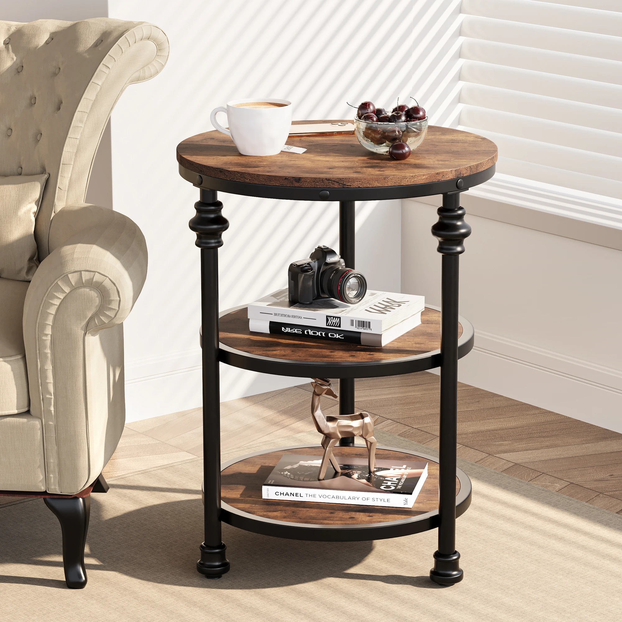 Round Side Table, 3-Tier End Table Living Room Accent Table With Storage Shelf And Metal Industrial Wood Bed Side Table