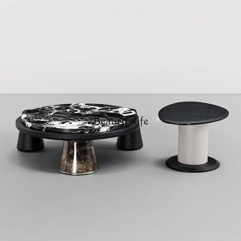 

LJYItalian minimalist marble coffee table living room home light luxury high-end round black coffee table