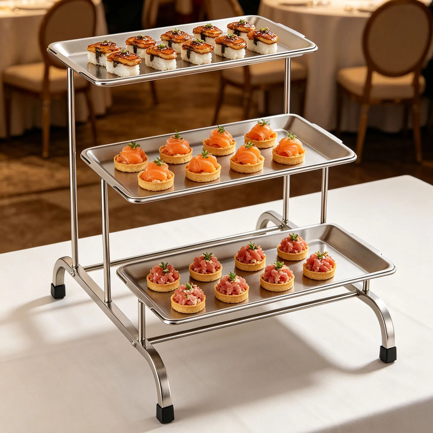 Three-layer snack rack, cake fruit display rack, hotel cafeteria, multi-layer stainless steel tray setting table