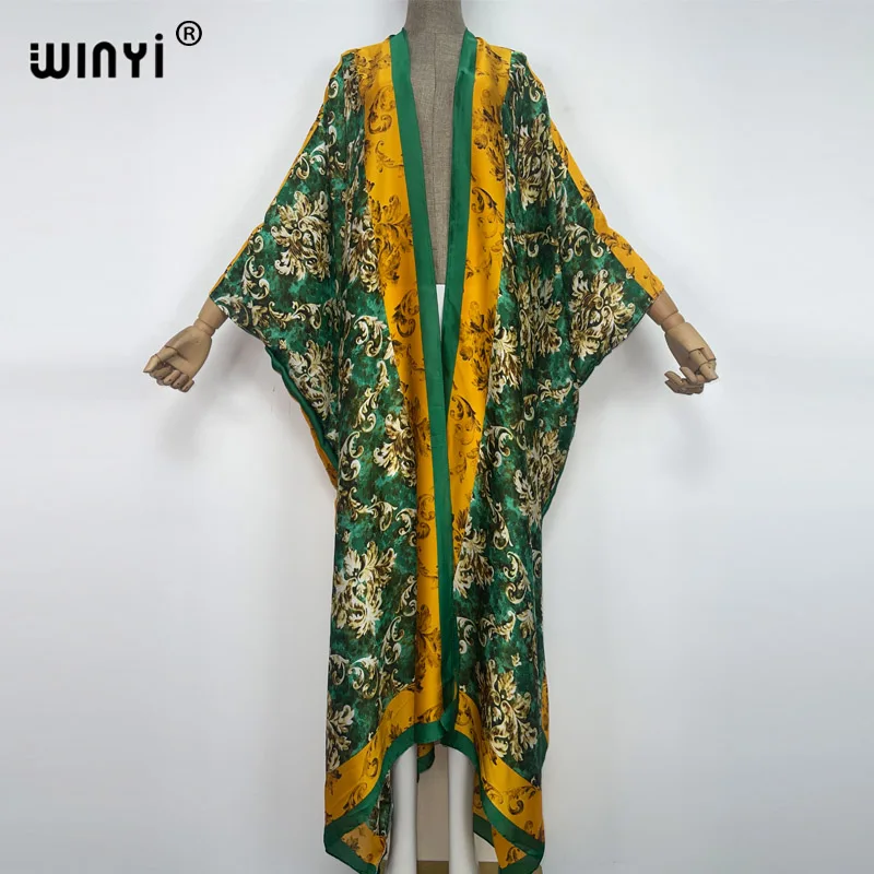 Winyi Zomer Strand Vakantie Wear Swim Suit Bikini Cover Up Boho Vest Stitch Kleurrijke Sexy Holiday Lange Mouw Kimono Kaftan