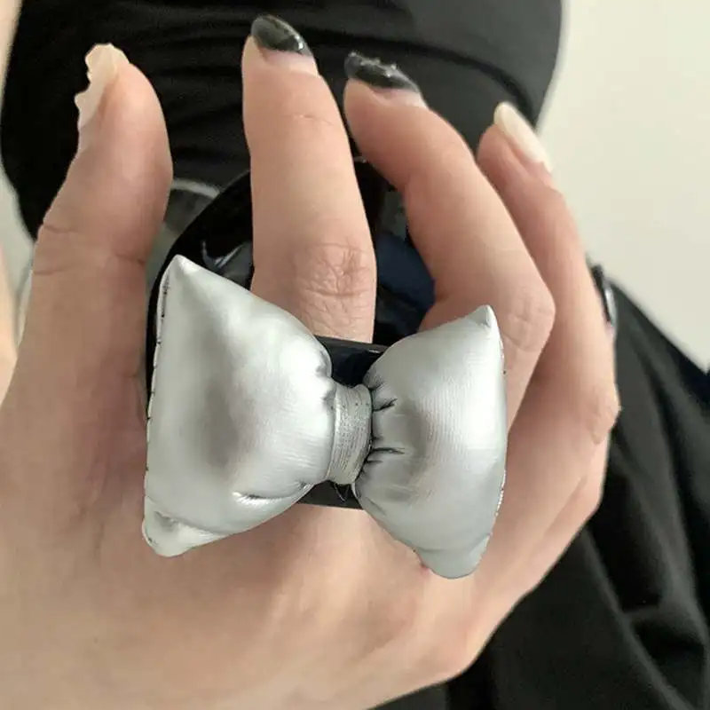 Korean Fashion Sponge Leather Silvery Bowknot Ring for Women Sweet Cool Charm Aesthetic Rings Accessories Harajuku Y2k Jewelry