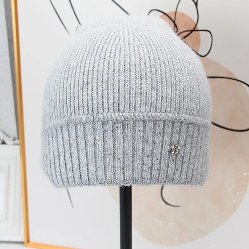 Hat Wool Winter Woman Knit Beanie Cap Rhinestone Warm Headwear Accessory For Skiing Sports Autumn Outdoor