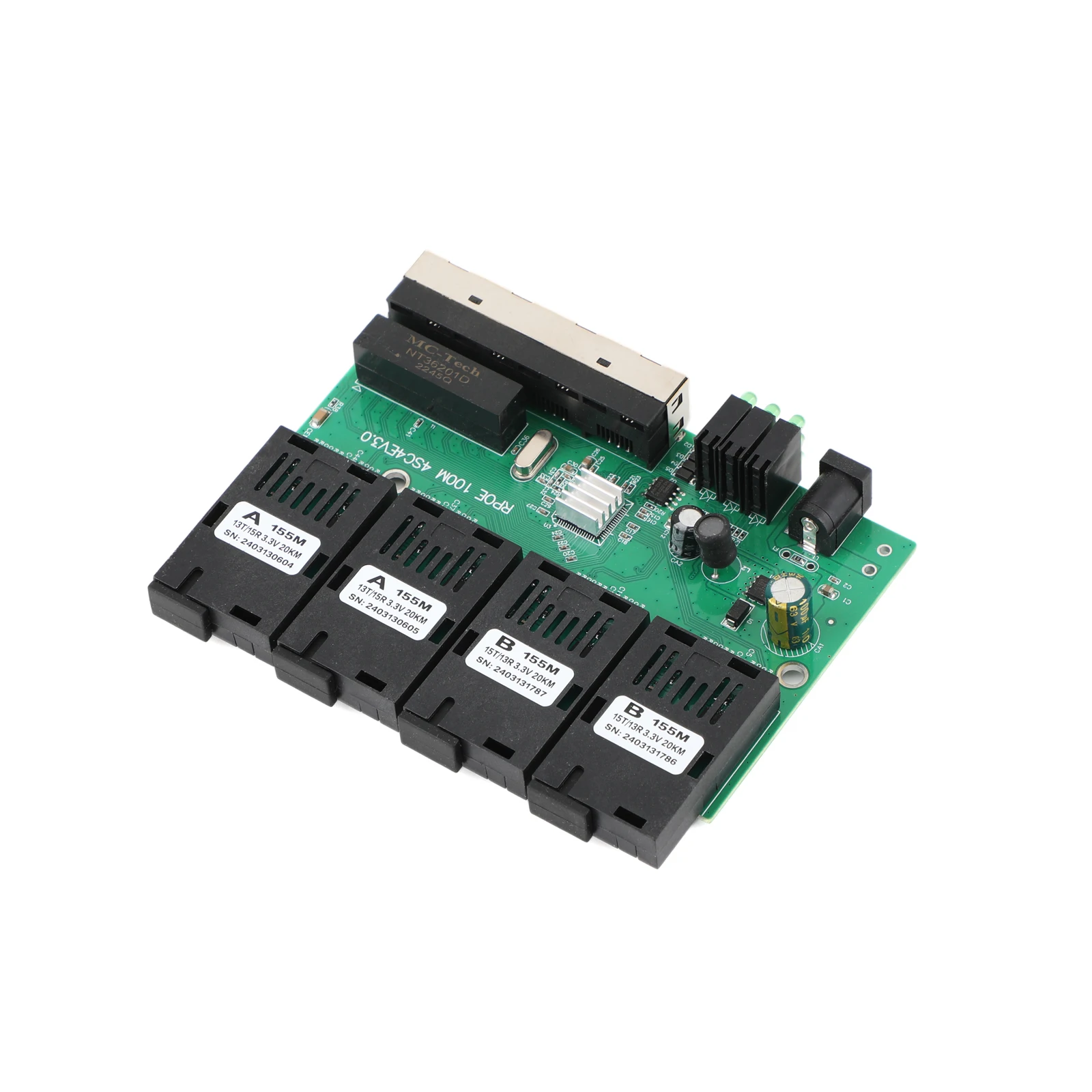 4RJ45 to 4SC 2A+2B Fiber Optic Connector 10M/100M Optic Media Converter PCBA Board 1310nm/1550nm Ports 20KM Ethernet POE Switch