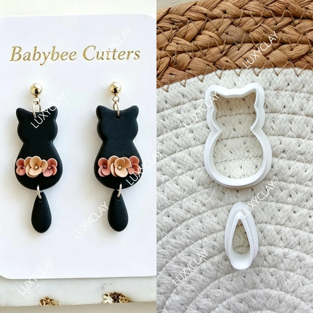 2pcs/set Balck Cat Shape polymer Clay Cutters for Halloween Earrings Making, Cat Design Dangle Clay Cutters for Jewelry Maker