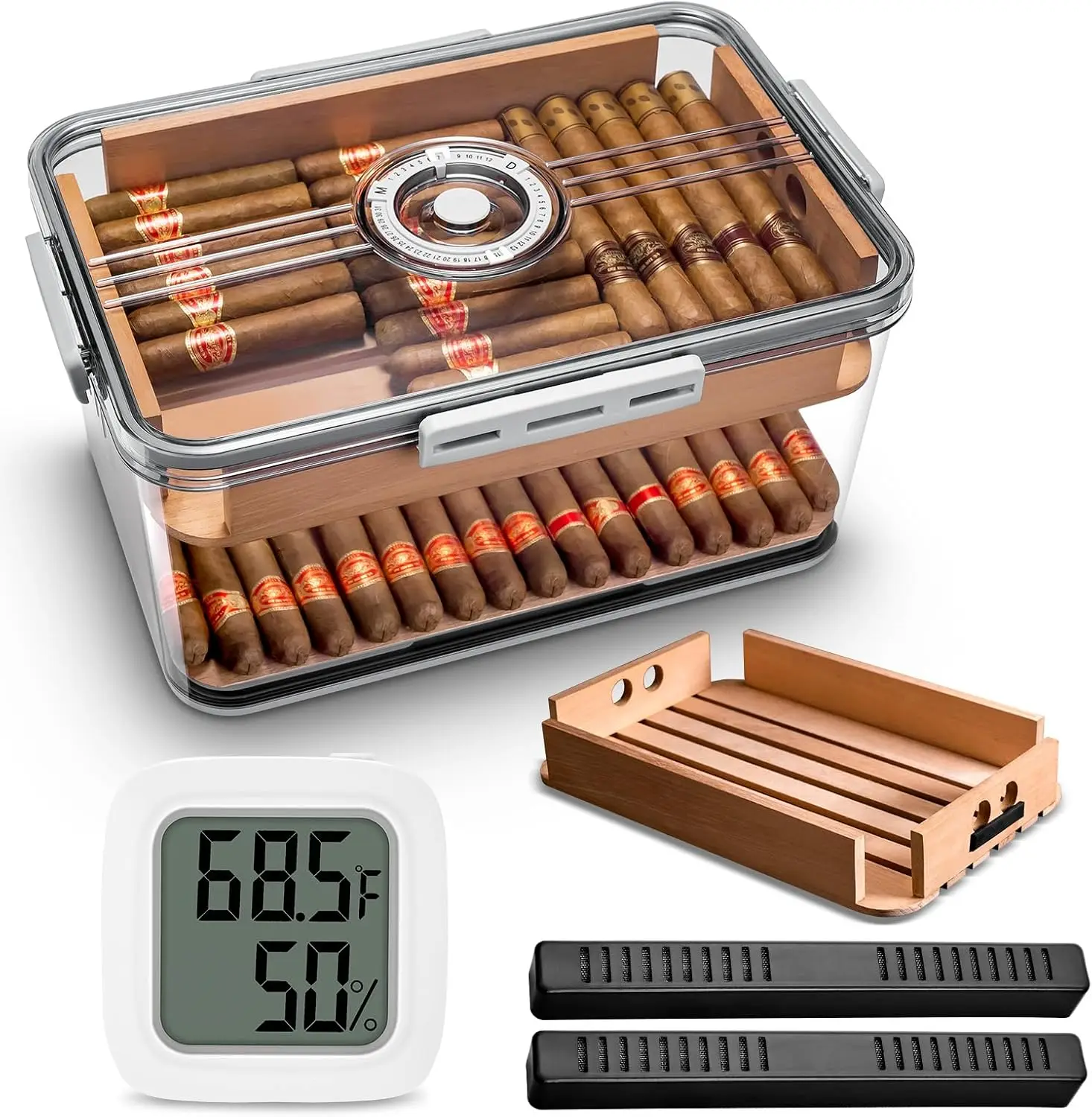 

Большой хьюмидор для сигар с кедровыми полками, 2 увлажнителями и гигрометром, герметичное хранение для 100 сигар