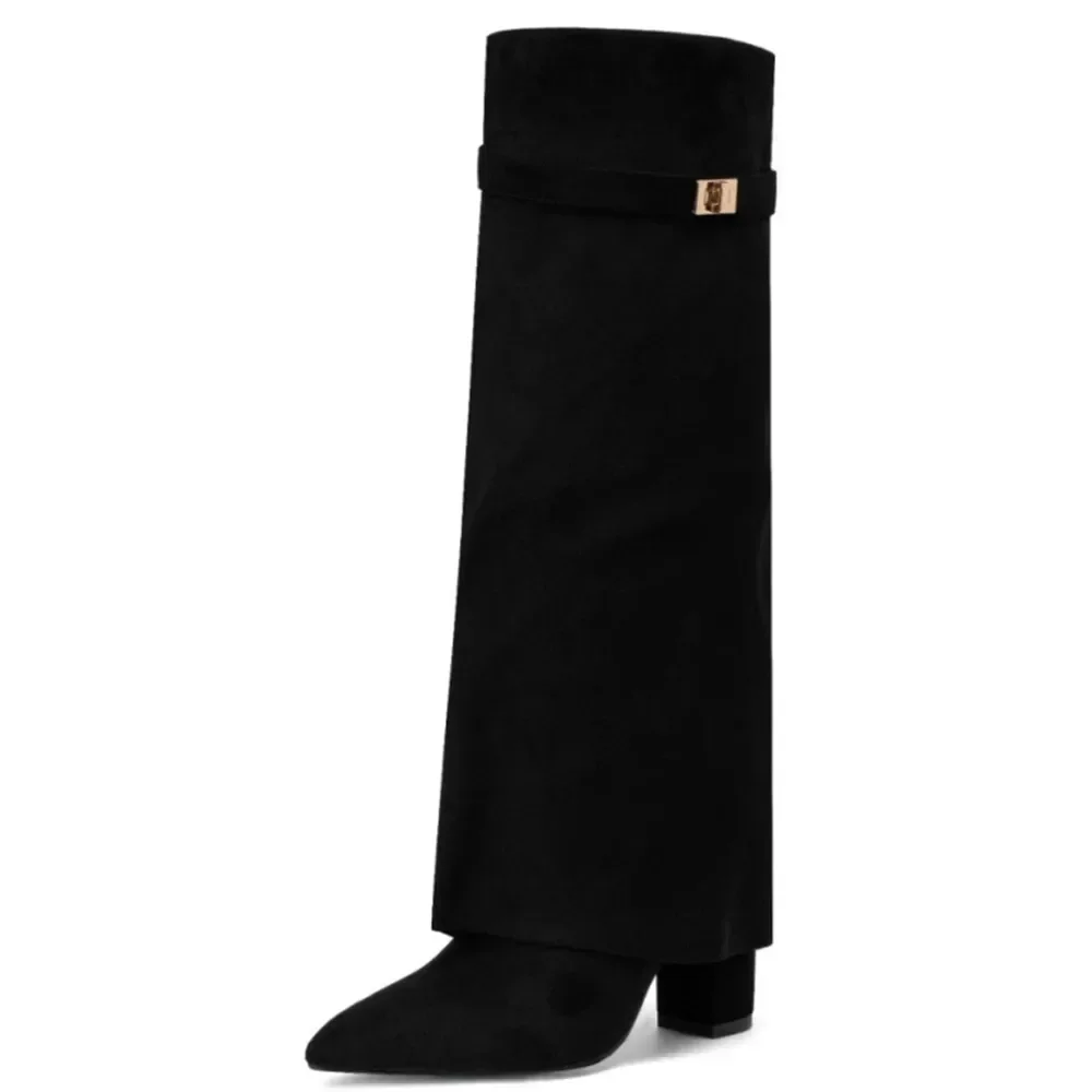 Otoño e Invierno nuevas botas de mujer hasta la rodilla con hebilla de Metal puntiaguda, botas gruesas de pantalones de tacón alto, botas de pierna media de moda