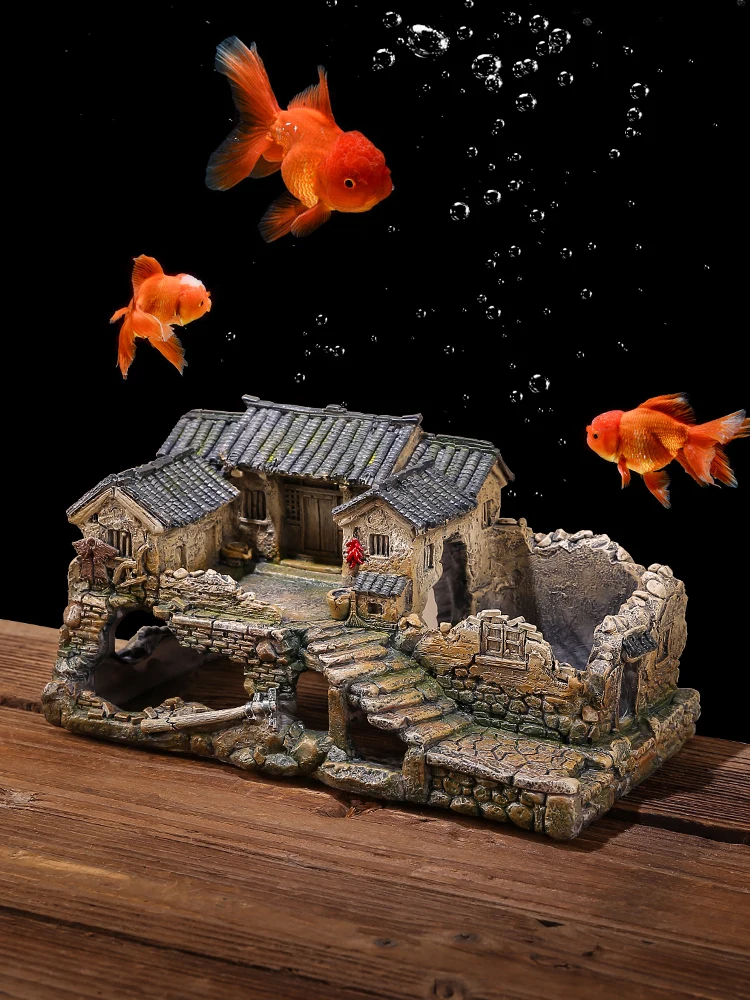 Fish Tank Decoration Chinese Resin Waterproof Nostalgic Hand-Painted Creative Grass Tank Micro Landscape Ancient Building Model