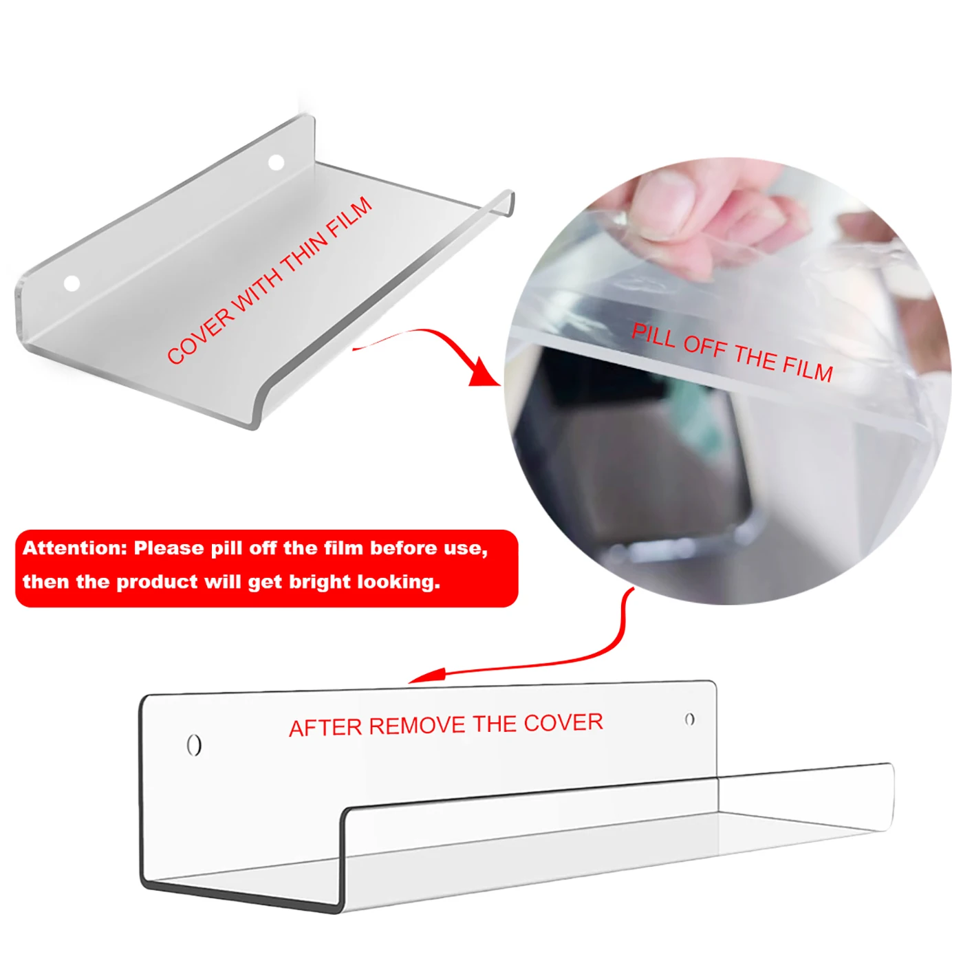 Clear acrylic floating shelf — self‑adhesive wall storage for books, toys, bathroom soap dispenser & décor 6