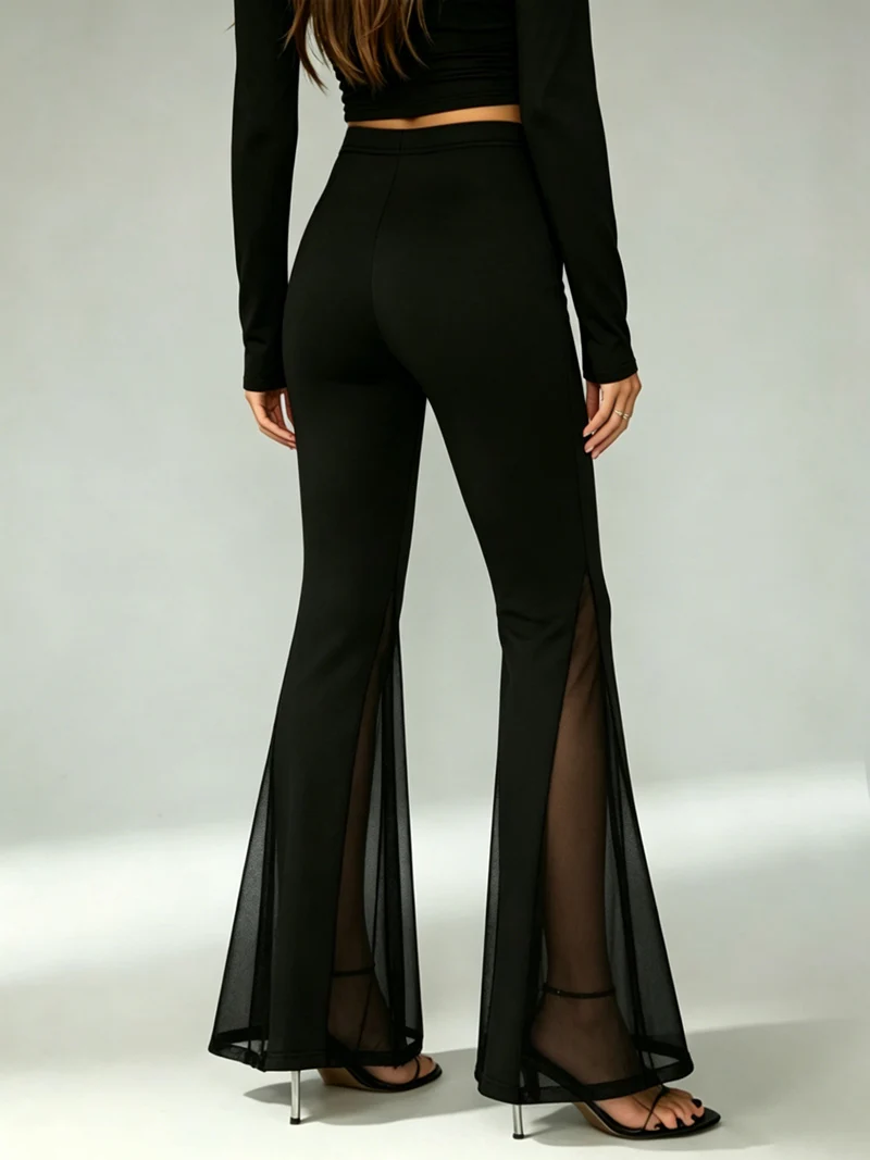 1450 Lace-Panel Bell Bottom Pants for Women High Elasticity Year-Round Wear Long Trousers