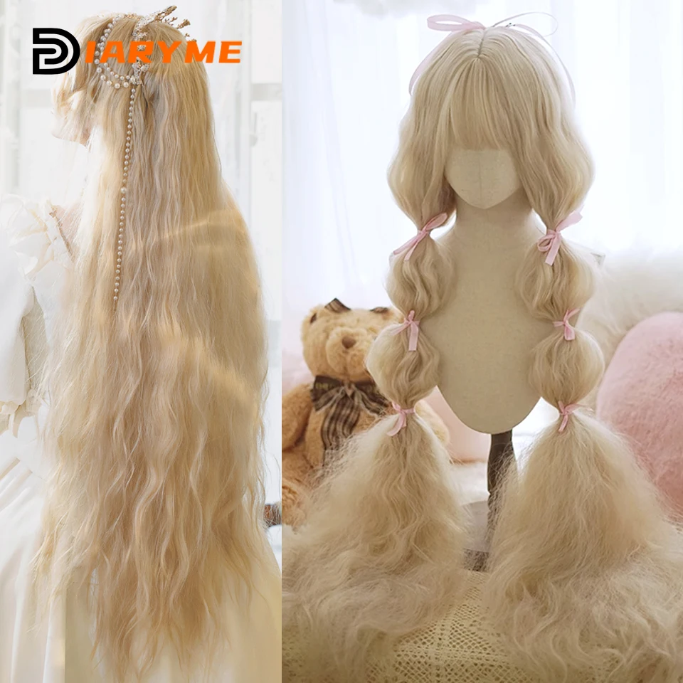 

110cm Long Curly Lolita Wig With Bangs Synthetic Blonde Loose Wave Hair Wigs For Women Halloween Party Cosplay Wigs Female