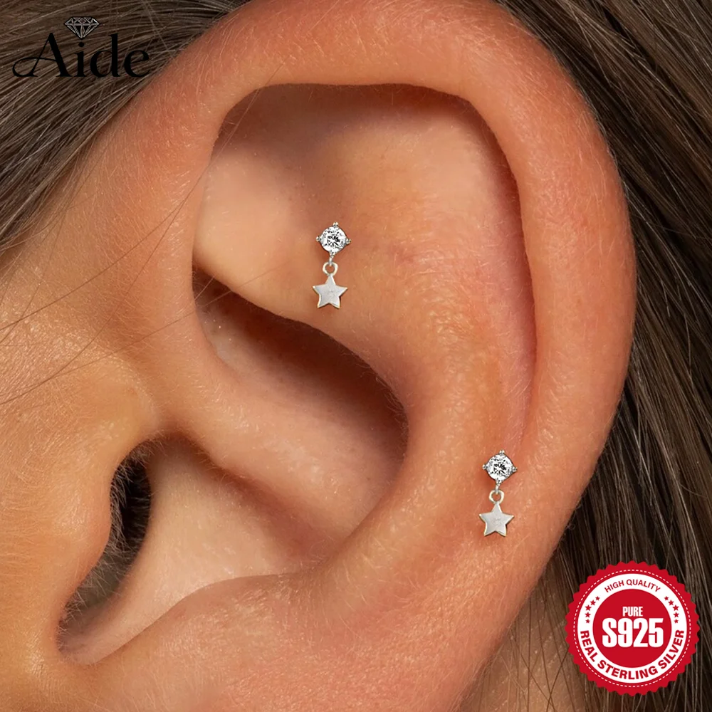 

AIDE 925 Sterling Silver 1Pc Shiny Five-pointed Star Design Zircon Piercing Earring For Women Pendant Silver Earrings Jewelry
