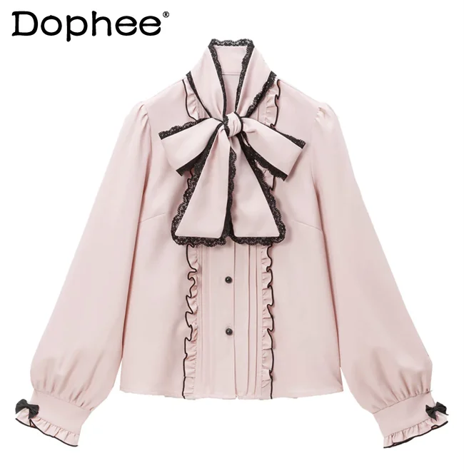 

Spring Summer New Women Shirt Top Long Sleeve White Blouse Lolita Fashion Sweet Big Bow Cute Preppy Style Lace Blusas De Mujer