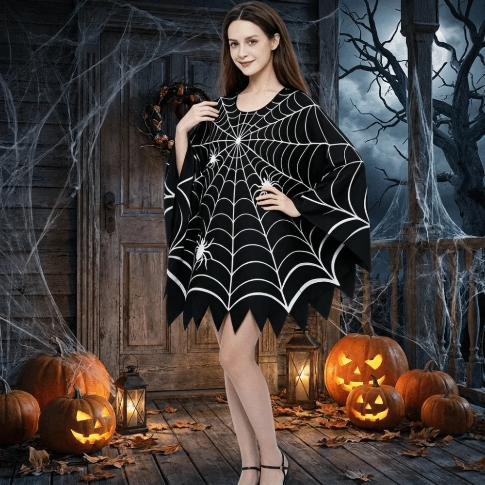 Creative Scary Halloween Spider Web Cloak Creepy Black Shawl Cosplay Party Costume Cosplay Outfit Stage Drama