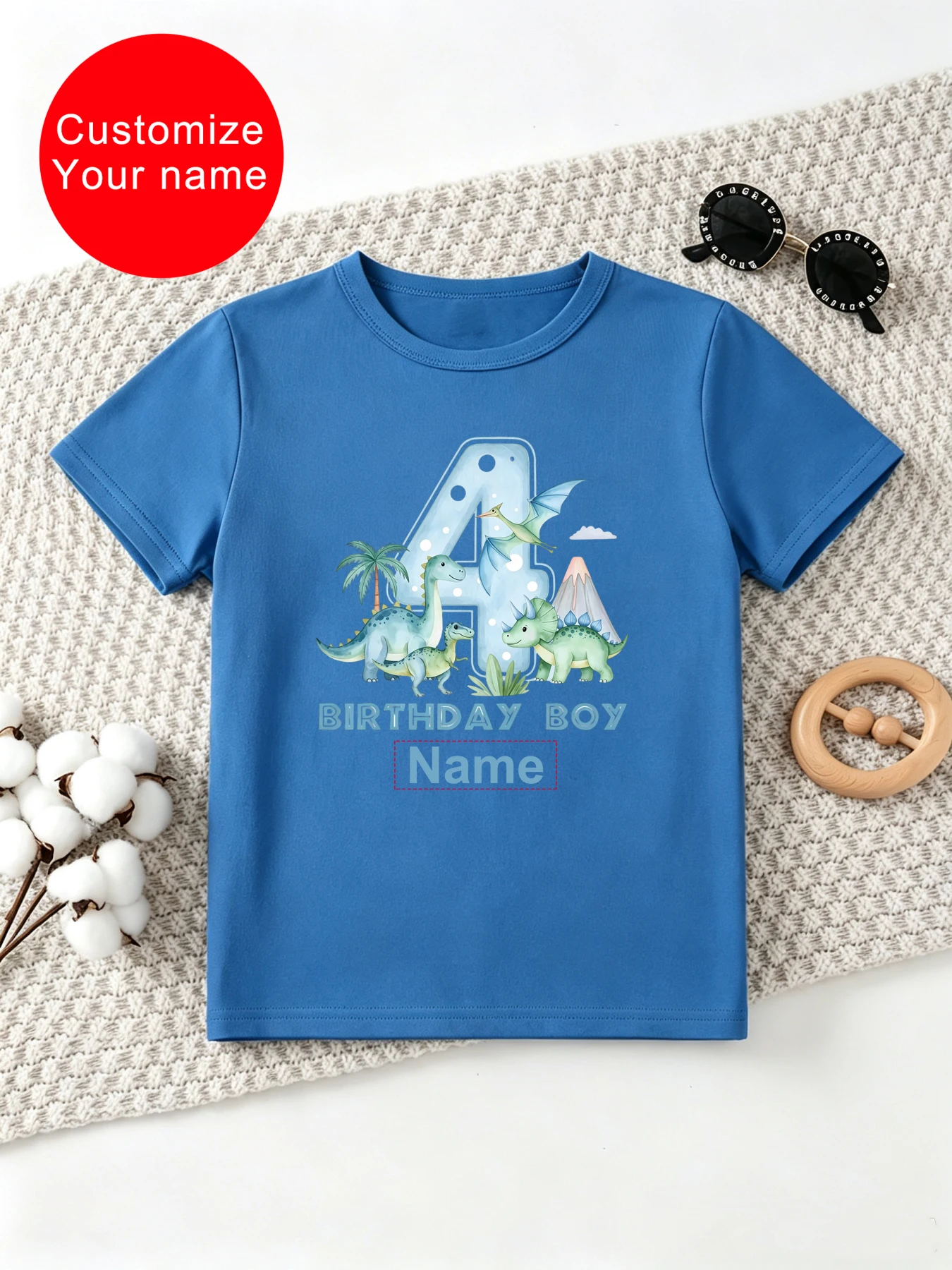 Customize  Your Name 4th Birthday Boy Dinosaur Printed T Shirt Girls/Boys Kawaii Kids Clothes The Best Birthday Gift T-Shirt