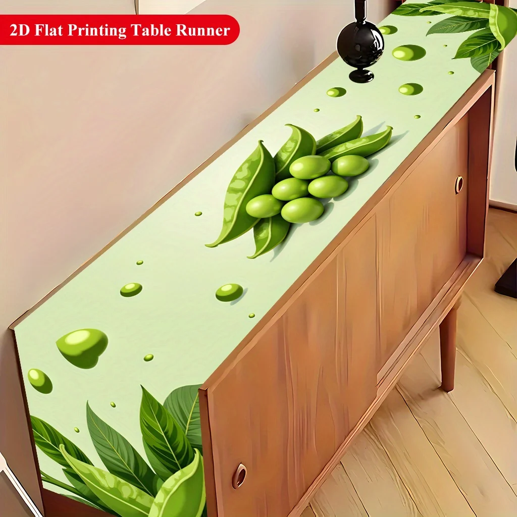 1 Piece Green Pea and Leaf Table Runner, Suitable for Farmhouse, Indoor, Kitchen, Celebrations, Table Decoration, Restaurant and Banquet Decoration Supplies